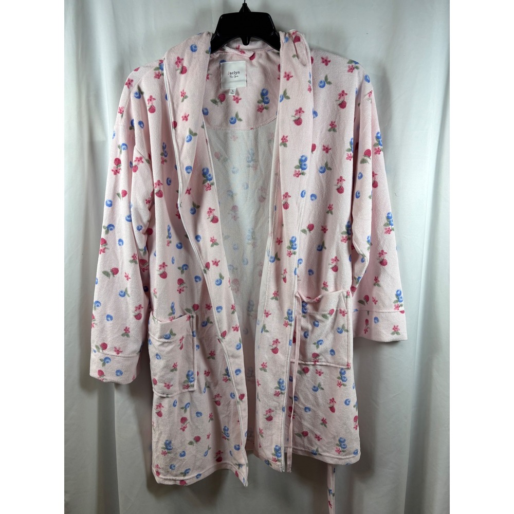 Jaclyn New York Pink Berry Print Fleece Robe Large Shawl Collar Short Bathrobe